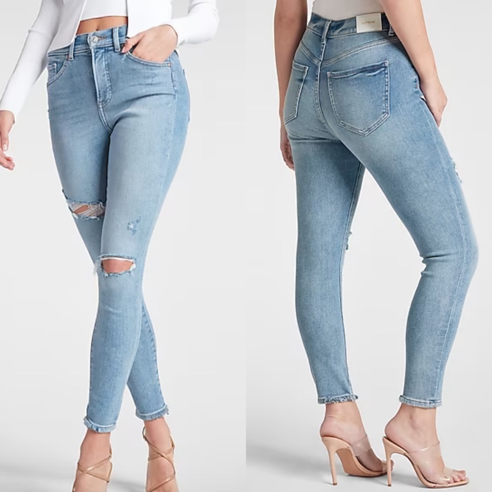 New Express High Waisted Light Wash Ripped Skinny Jeans Sz 6L Long